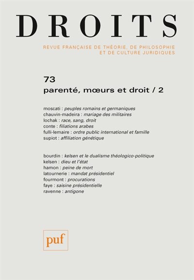 Couverture_Droits, n°73. Parenté, moeurs et droit (2)