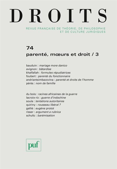 Couverture_Droits, n°74. Parenté, moeurs et droit (3)