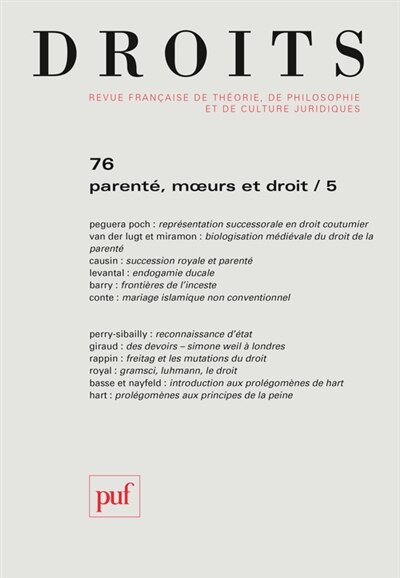 Couverture_Droits, n°76. Parenté, moeurs et droit (5)