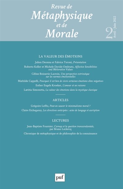 Front cover_Revue de métaphysique et de morale, n°2 (2022). La valeur des émotions
