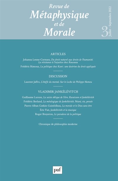 Front cover_Revue de métaphysique et de morale, n°3 (2022). Vladimir Jankélévitch