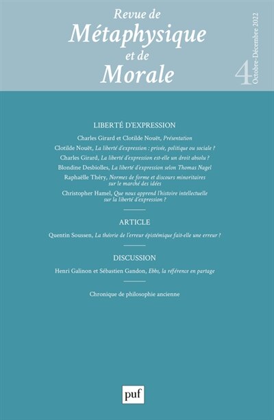 Couverture_Revue de métaphysique et de morale, n°4 (2022). Liberté d'expression