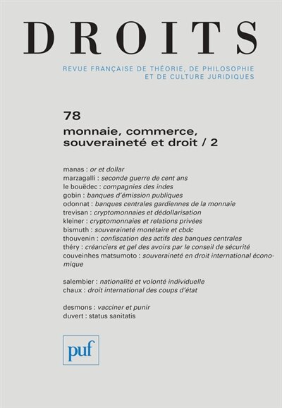 Couverture_Droits, n°78. Monnaie, commerce, souveraineté et droit (2)