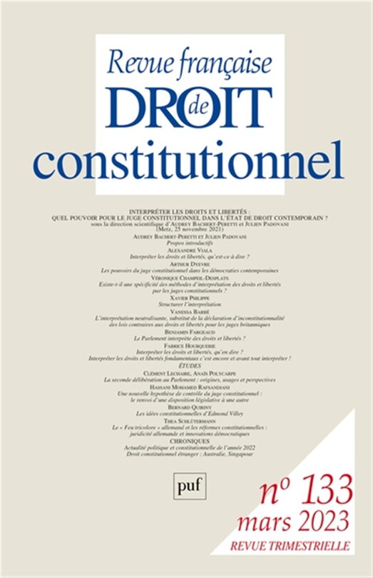 Couverture_Revue française de droit constitutionnel, n°133. Interpréter les droits et libertés