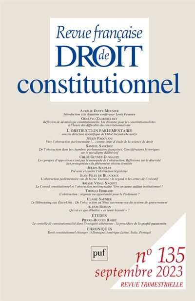Front cover_Revue française de droit constitutionnel, n°135. L'obstruction parlementaire
