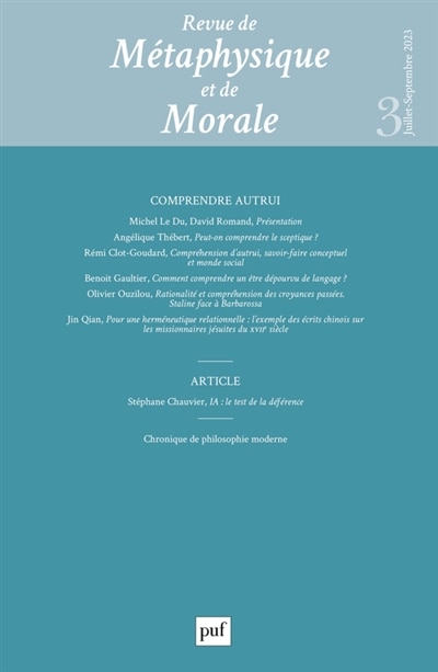 Couverture_Revue de métaphysique et de morale, n°3 (2023). Comprendre autrui
