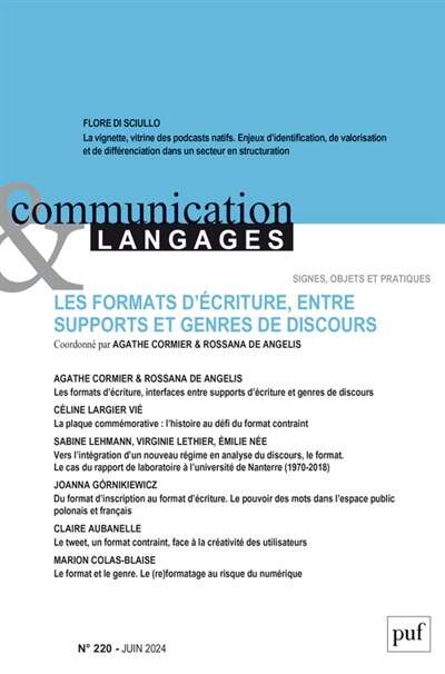 Couverture_Communication & langages, n°220. Les formats d'écriture, entre supports et genres de discours