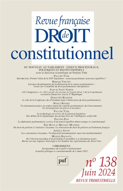 Front cover_Revue française de droit constitutionnel, n°138. Du nouveau au Parlement