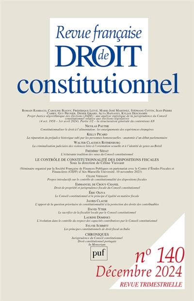 Couverture_Revue française de droit constitutionnel, n°140. Le contrôle de constitutionnalité des dispositions fiscales