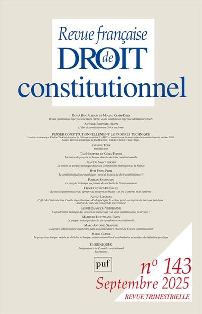 Front cover_Revue française de droit constitutionnel, n°143. Penser constitutionnellement le progrès technique