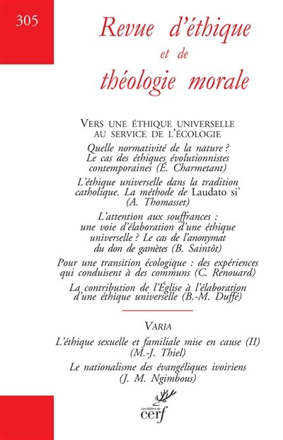 Front cover_Revue d'éthique et de théologie morale, n°305. Vers une éthique universelle au service de l'écologie