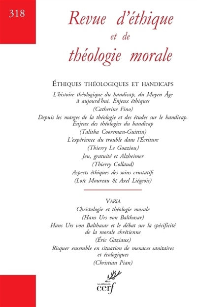 Front cover_Revue d'éthique et de théologie morale, n°318. Ethiques théologiques et handicaps