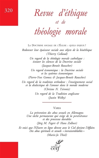 Couverture_Revue d'éthique et de théologie morale, n°320. La doctrine sociale de l'Eglise : quels enjeux ?