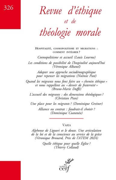 Front cover_Revue d'éthique et de théologie morale, n°326. Hospitalité, cosmopolitisme et migrations : comment intégrer ?