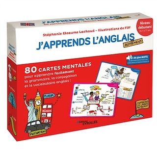 Front cover_J'apprends l'anglais autrement : niveau débutant : 80 cartes mentales pour apprendre facilement le vocabulaire, la conjugaison et la grammaire anglaise !