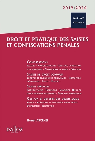 Couverture_Droit et pratique des saisies et confiscations pénales : 2019-2020