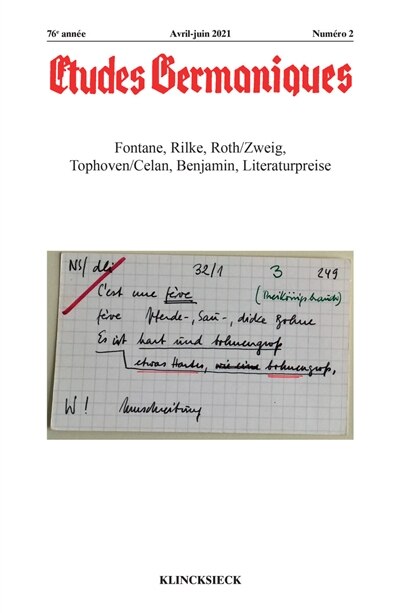 Front cover_Etudes germaniques, n°2 (2021). Fontane, Rilke, Roth-Zweig, Tophoven-Celan, Benjamin, Literaturpreise