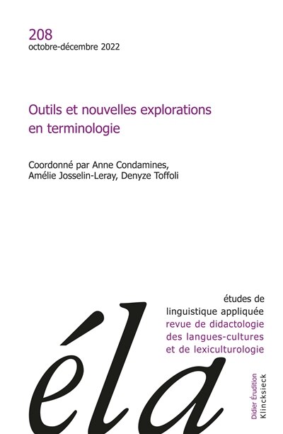 Front cover_Etudes de linguistique appliquée, n°208. Outils et nouvelles explorations en terminologie