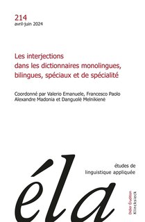 Front cover_Etudes de linguistique appliquée, n°214. Les interjections dans les dictionnaires monolingues, bilingues, spéciaux et de spécialité