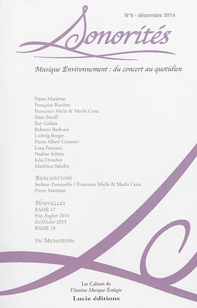 Front cover_Sonorités, n°9. Musique environnement : du concert au quotidien