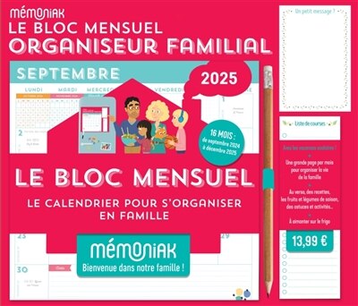 Front cover_Le bloc mensuel organiseur familial 2025 : 16 mois, de septembre 2024 à décembre 2025