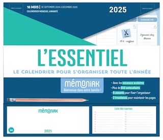 Couverture_L'essentiel 2025 : le calendrier pour s'organiser toute l'année : 16 mois, de septembre 2024 à décembre 2025