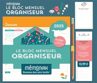 Front cover_Le bloc mensuel organiseur 2025 : mémoniak, bienvenue dans notre famille ! : 12 mois, de janvier à décembre 2025