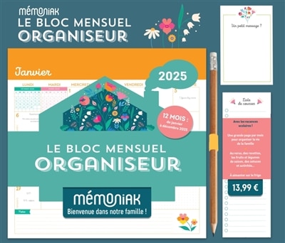 Front cover_Le bloc mensuel organiseur 2025 : mémoniak, bienvenue dans notre famille ! : 12 mois, de janvier à décembre 2025