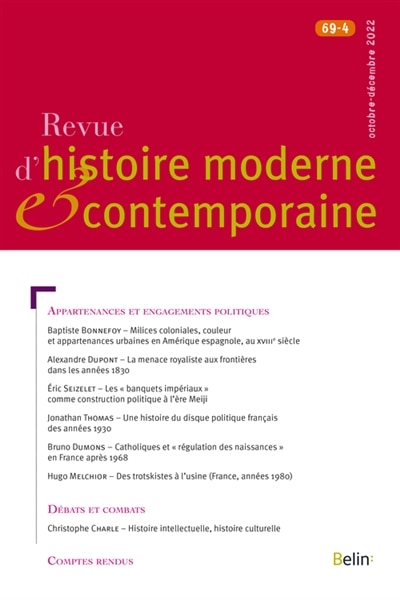 Front cover_Revue d'histoire moderne et contemporaine, n°69-4. Appartenances et engagements politiques