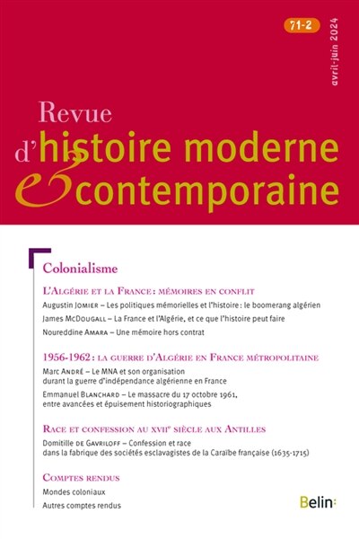 Couverture_Revue d'histoire moderne et contemporaine, n°71-2. Colonialisme