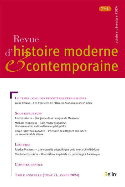 Couverture_Revue d'histoire moderne et contemporaine, n°71-4