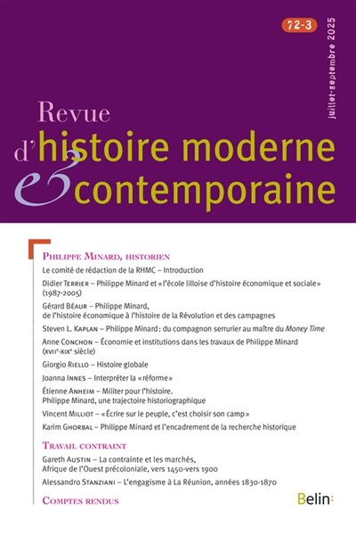 Couverture_Revue d'histoire moderne et contemporaine, n°72-3. Philippe Minard, historien