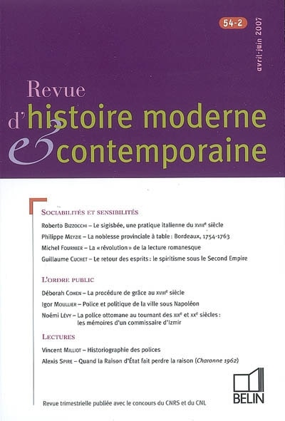Couverture_Revue d'histoire moderne et contemporaine, n°54-2. Sociabilités et sensibilités