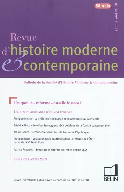Front cover_Revue d'histoire moderne et contemporaine, n°56-4bis. De quoi la réforme est-elle le nom ?