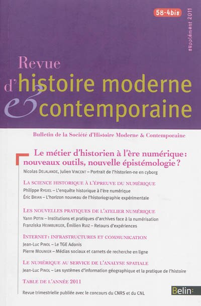 Couverture_Revue d'histoire moderne et contemporaine, n°58-4 bis. Le métier d'historien à l'ère numérique : nouveaux outils, nouvelle épistémologie ?