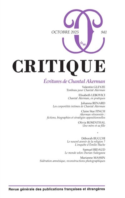 Front cover_Critique, n°941. Ecritures de Chantal Akerman