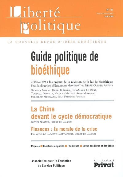 Couverture_Liberté politique, n°41. Guide politique de la bioéthique