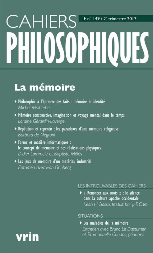 Front cover_Cahiers philosophiques, n°149. La mémoire