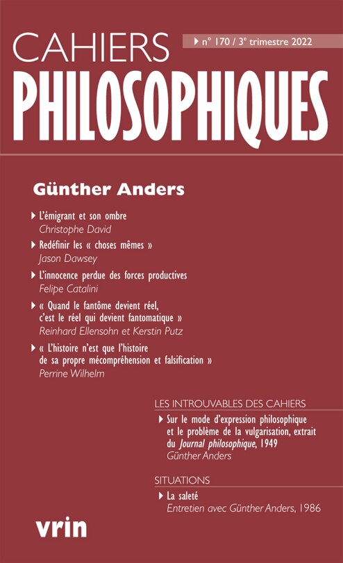 Couverture_Cahiers philosophiques, n&deg;170. G&uuml;nther Anders