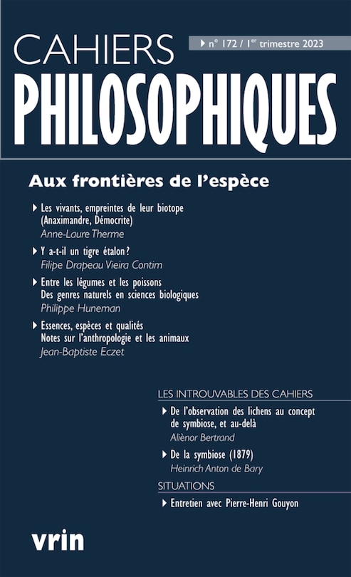 Couverture_Cahiers philosophiques, n°172. Aux frontières de l'espèce