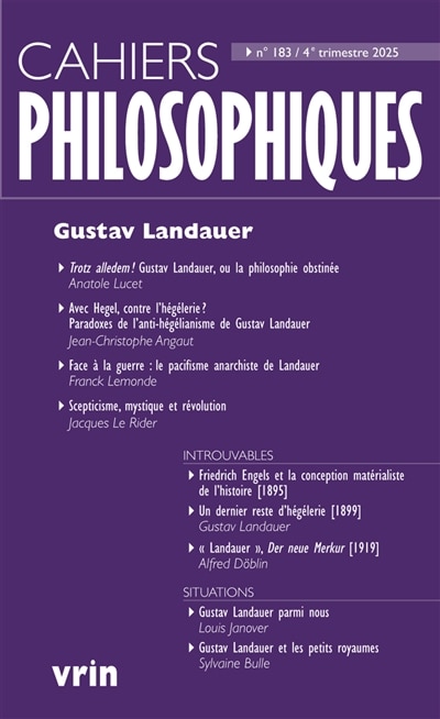 Couverture_Cahiers philosophiques, n&deg;183. Gustav Landauer