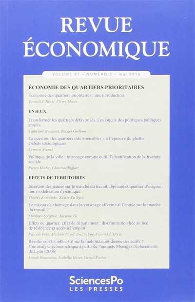 Front cover_Revue économique, n°67-3. Economie des quartiers prioritaires