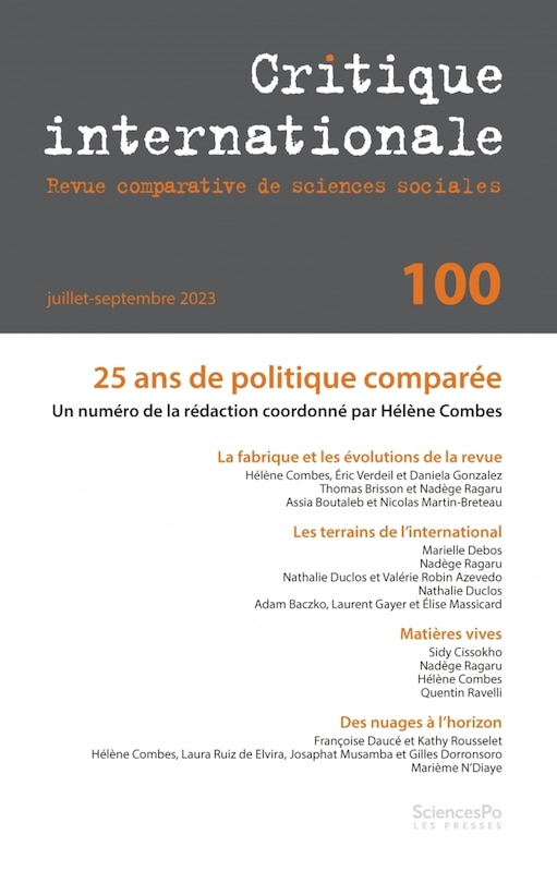 Couverture_Critique internationale, n&deg;100. 25 ans de politique compar&eacute;e