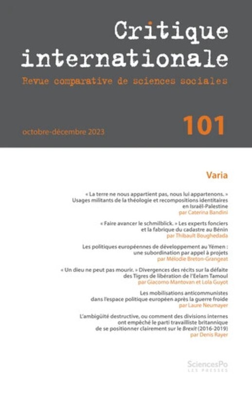 Couverture_Critique internationale, n&deg;101. Varia