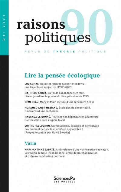 Front cover_Raisons politiques, n°90. Lire la pensée écologique