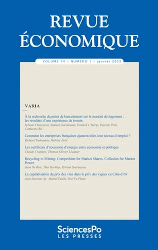 Front cover_Revue économique, n°74-1. Varia