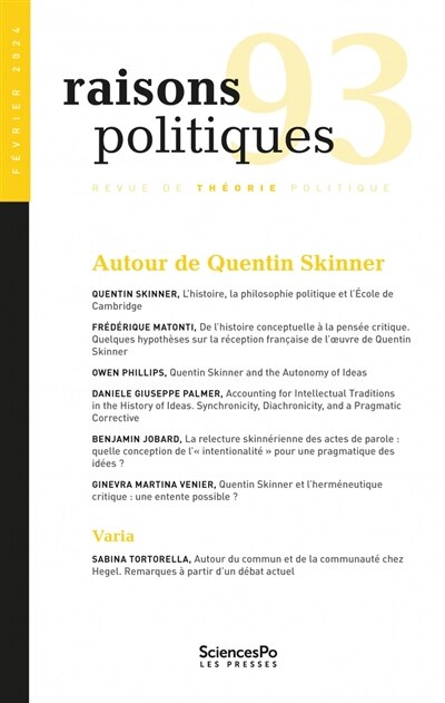 Front cover_Raisons politiques, n°93. Autour de Quentin Skinner