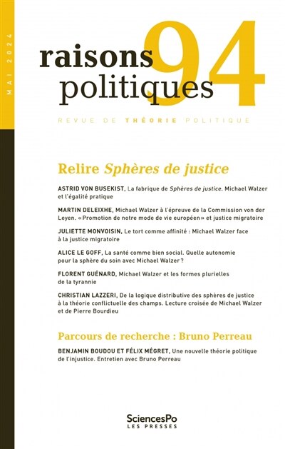 Couverture_Raisons politiques, n°94. Relire Sphères de justice