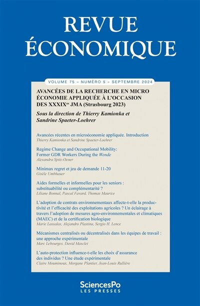Front cover_Revue économique, n°75-5. Avancées de la recherche en microéconomie appliquée à l'occasion des XXXIXes JMA (Strasbourg 2023)