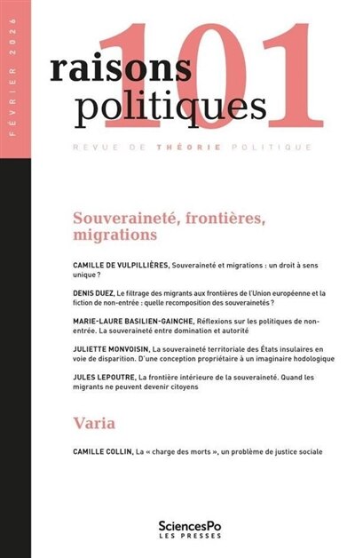 Couverture_Raisons politiques, n&deg;101. Souverainet&eacute;, fronti&egrave;res, migrations